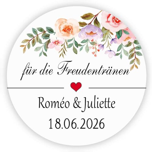 MameArt 50stk 4cm Aufkleber Personalisiert für die Freudentränen, Herz Blumen Hochzeit Gastgeschenk Geburtstag Geschenke Präsente DE0503 (Blumen 4) von MameArt