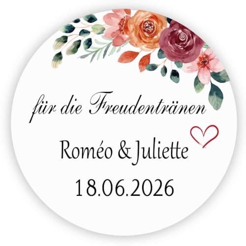 MameArt 50stk 4cm Aufkleber Personalisiert für die Freudentränen, Herz Blumen Hochzeit Gastgeschenk Geburtstag Geschenke Präsente DE0503 (Blumen 5), 3DE0503A von MameArt