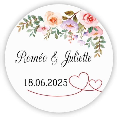 MameArt 50stk 4cm Personalisiert Hochzeit Aufkleber, Blumen Doppelte Herzen mit Namen Datum, Sticker für Hochzeit Gastgeschenk Taufe Geburtstag Feste Geschenke Präsente (Kranz B) von MameArt