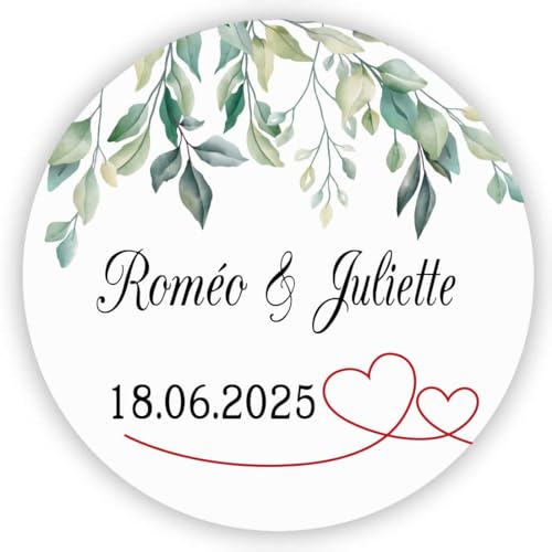 MameArt 50stk 4cm Personalisiert Hochzeit Aufkleber, Blumen Doppelte Herzen mit Namen Datum, Sticker für Hochzeit Gastgeschenk Taufe Geburtstag Feste Geschenke Präsente (Kranz C) von MameArt