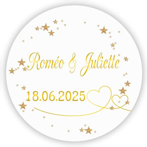 MameArt 50stk 4cm Personalisiert Hochzeit Aufkleber, Blumen Doppelte Herzen mit Namen Datum, Sticker für Hochzeit Gastgeschenk Taufe Geburtstag Feste Geschenke Präsente (Kranz D) von MameArt