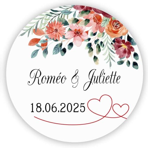 MameArt 50stk 4cm Personalisiert Hochzeit Aufkleber, Blumen Doppelte Herzen mit Namen Datum, Sticker für Hochzeit Gastgeschenk Taufe Geburtstag Feste Geschenke Präsente (Kranz F) von MameArt