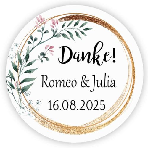 MameArt 50stk 4cm Personalisiert Hochzeit Aufkleber, Danke mit Namen Datum, Sticker für Hochzeit Taufe Kommunion Geburtstag Feste Geschenke Präsente (Kranz I) von MameArt
