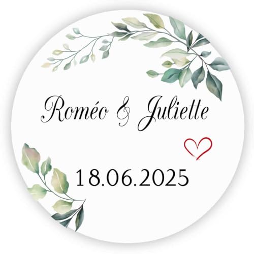 MameArt 50stk 4cm Personalisiert Hochzeit Aufkleber, Kranz Herz mit Namen Sticker für Hochzeit Gastgeschenk Taufe Kommunion Geburtstag Feste Geschenke Präsente (Kranz I) von MameArt