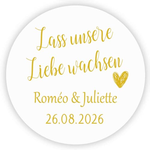 MameArt 50stk 4cm Personalisiert Hochzeit Aufkleber, Lass unsere Liebe wachsen mit Namen, Farbig Sticker für Hochzeit Geburtstag Feste Geschenke Präsente (Gold 1) von MameArt