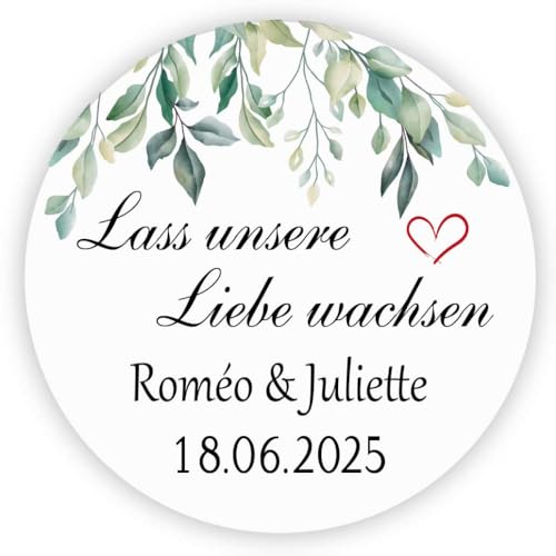 MameArt 50stk 4cm Personalisiert Hochzeit Aufkleber, Lass unsere Liebe wachsen mit Namen Datum, Sticker für Hochzeit Taufe Geburtstag Feste Geschenke Präsente (Herz A) von MameArt