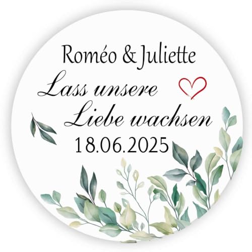 MameArt 50stk 4cm Personalisiert Hochzeit Aufkleber, Lass unsere Liebe wachsen mit Namen Datum, Sticker für Hochzeit Taufe Geburtstag Feste Geschenke Präsente (Herz C), 3DE0801A von MameArt