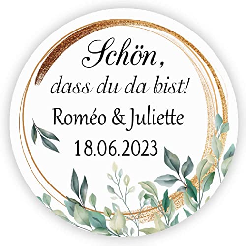 MameArt 50stk 4cm Personalisiert Hochzeit Aufkleber, Schön DASS du da bist mit Namen Sticker für Hochzeit Taufe Kommunion Feste Geschenke Präsente (Kranz A) von MameArt