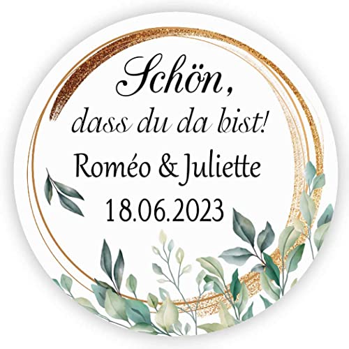 MameArt 50stk 4cm Personalisiert Hochzeit Aufkleber, Schön dass du da bist mit Namen Sticker für Hochzeit Taufe Kommunion Feste Geschenke Präsente (Kranz A) von MameArt