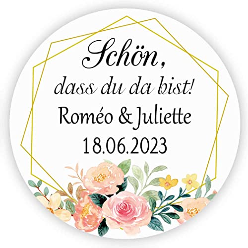 MameArt 50stk 4cm Personalisiert Hochzeit Aufkleber, Schön DASS du da bist mit Namen Sticker für Hochzeit Gastgeschenk Taufe Kommunion Geburtstag Feste Geschenke Präsente (Kranz B), (3DE0209A) von MameArt