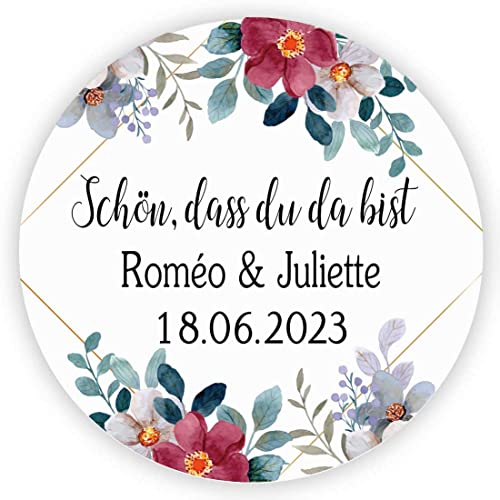 MameArt 50stk 4cm Personalisiert Hochzeit Aufkleber, Schön DASS du da bist mit Namen Sticker für Hochzeit Gastgeschenk Taufe Kommunion Geburtstag Feste Geschenke Präsente (Kranz G), 3DE0209B von MameArt