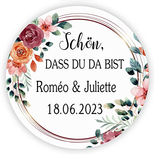 MameArt 50stk 4cm Personalisiert Hochzeit Aufkleber, Schön DASS du da bist mit Namen Sticker für Hochzeit Gastgeschenk Taufe Kommunion Geburtstag Feste Geschenke Präsente (Kranz I), 3DE0209B von MameArt