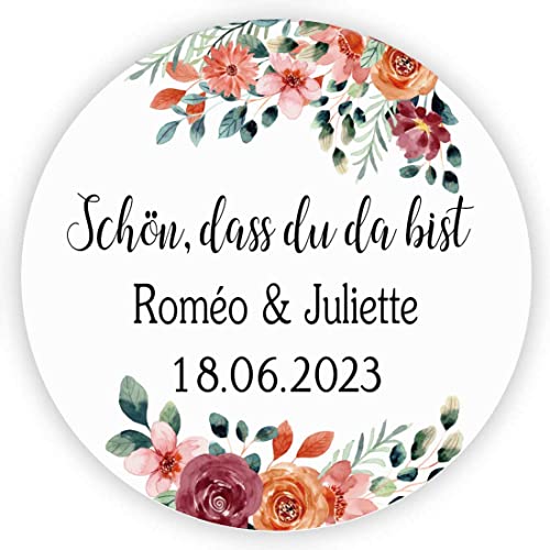 MameArt 50stk 4cm Personalisiert Hochzeit Aufkleber, Schön DASS du da bist mit Namen Sticker für Hochzeit Gastgeschenk Taufe Kommunion Geburtstag Feste Geschenke Präsente (Kranz J), 3DE0209B von MameArt