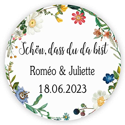 MameArt 50stk 4cm Personalisiert Hochzeit Aufkleber, Schön DASS du da bist mit Namen Sticker für Hochzeit Gastgeschenk Taufe Kommunion Geburtstag Feste Geschenke Präsente (Kranz L), 3DE0209B von MameArt