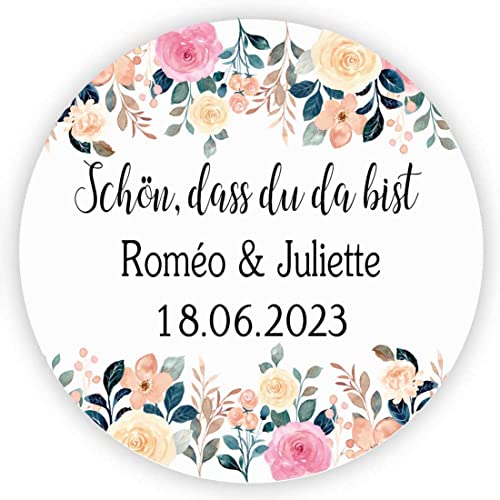 MameArt 50stk 4cm Personalisiert Hochzeit Aufkleber, Schön DASS du da bist mit Namen Sticker für Hochzeit Taufe Kommunion Feste Geschenke Präsente (Kranz H) von MameArt