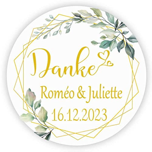 MameArt 50stk 4cm Personalisiert Hochzeit Aufkleber, mit Kranz Sticker Hochzeit Taufe Kommunion Geburtstag Feste Geschenke Präsente (Danke) von MameArt