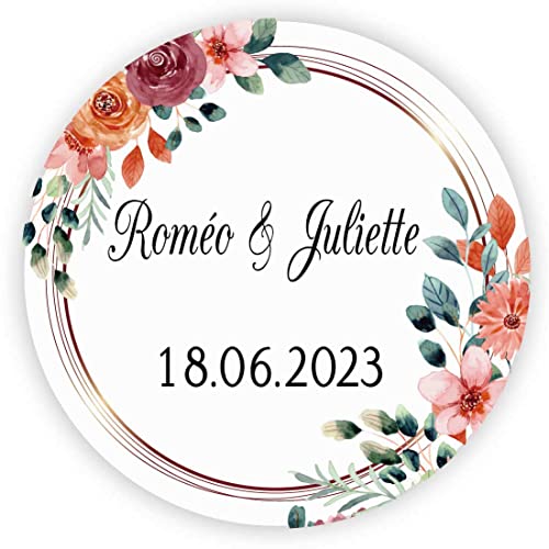 MameArt 50stk 4cm Personalisiert Hochzeit Aufkleber, mit Namen und Datum Sticker für Hochzeit Gastgeschenk Taufe Kommunion Geburtstag Feste Geschenke Präsente (Kranz A) von MameArt