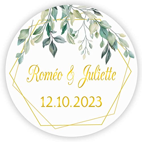 MameArt 50stk 4cm Personalisiert Hochzeit Aufkleber, mit Namen und Datum Sticker für Hochzeit Gastgeschenk Taufe Kommunion Geburtstag Feste Geschenke Präsente (Kranz G), 3AL0101A von MameArt