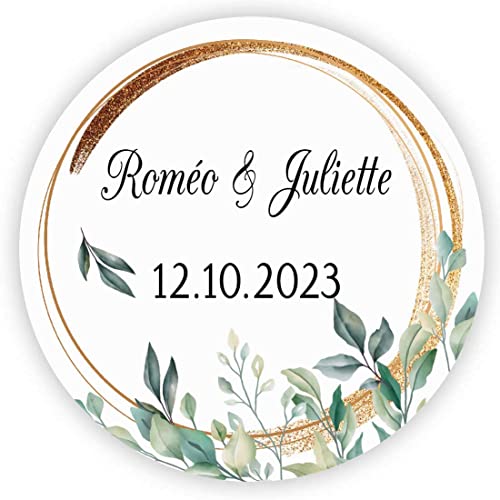 MameArt 50stk 4cm Personalisiert Hochzeit Aufkleber, mit Namen und Datum Sticker für Hochzeit Gastgeschenk Taufe Kommunion Geburtstag Feste Geschenke Präsente (Kranz H), (3AL0101A) von MameArt