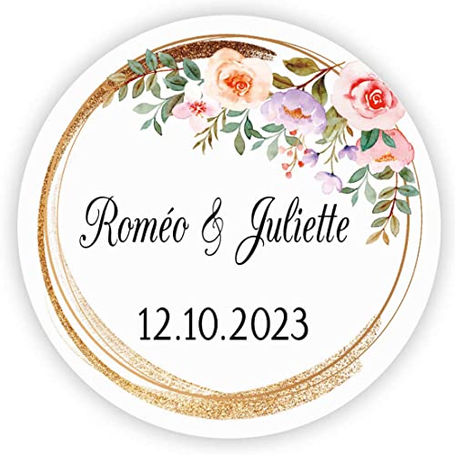 MameArt 50stk 4cm Personalisiert Hochzeit Aufkleber, mit Namen und Datum Sticker für Hochzeit Gastgeschenk Taufe Kommunion Geburtstag Feste Geschenke Präsente (Kranz I), (3AL0101A) von MameArt