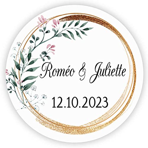 MameArt 50stk 4cm Personalisiert Hochzeit Aufkleber, mit Namen und Datum Sticker für Gastgeschenk Taufe Kommunion Geburtstag Feste Geschenke Präsente (Kranz J), 3AL0101A von MameArt