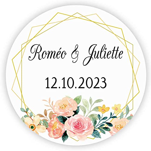 MameArt 50stk 4cm Personalisiert Hochzeit Aufkleber, mit Namen und Datum Sticker für Gastgeschenk Taufe Kommunion Geburtstag Feste Geschenke Präsente (Kranz L), 3AL0101A von MameArt