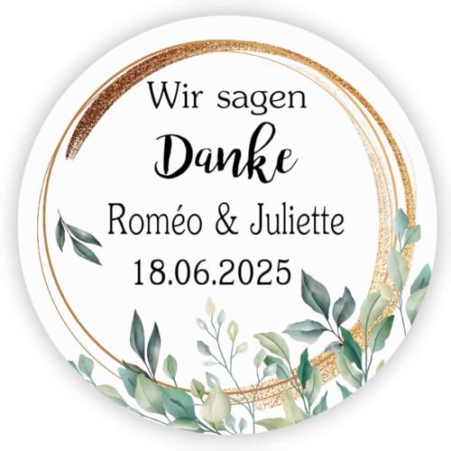 MameArt 50stk Aufkleber Hochzeit Personalisiert, Wir sagen Danke, 4cm Kranz Sticker für Hochzeit Taufe Feste Geschenke Präsente (DE02) von MameArt