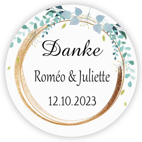 MameArt 50stk Aufkleber Hochzeit Personalisiert Danke, 4cm Sticker für Hochzeit Taufe Kommunion Geburtstag Feste Geschenke Präsente DE0105 (Kranz 1) von MameArt