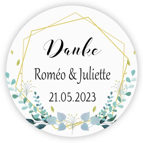 MameArt 50stk Aufkleber Hochzeit Personalisiert Danke, 4cm Sticker für Hochzeit Taufe Kommunion Geburtstag Feste Geschenke Präsente DE0105 (Kranz 2) von MameArt