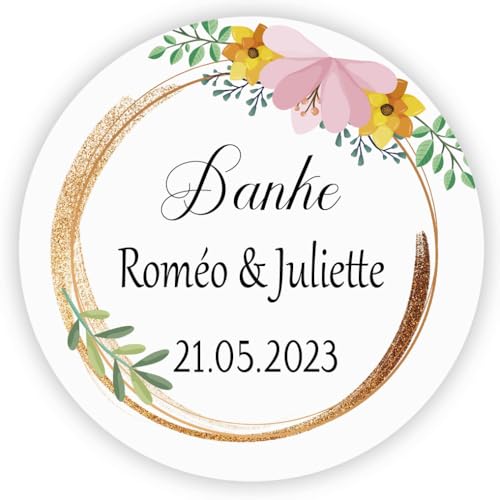 MameArt 50stk Aufkleber Hochzeit Personalisiert Danke, 4cm Sticker für Hochzeit Taufe Kommunion Geburtstag Feste Geschenke Präsente DE0105 (Kranz 3) von MameArt