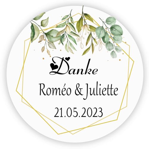 MameArt 50stk Aufkleber Hochzeit Personalisiert Danke, 4cm Sticker für Hochzeit Taufe Kommunion Geburtstag Feste Geschenke Präsente DE0105 (Kranz 4) von MameArt