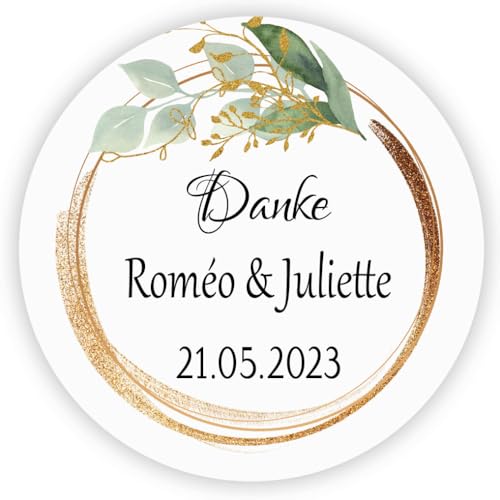 MameArt 50stk Aufkleber Hochzeit Personalisiert Danke, 4cm Sticker für Hochzeit Taufe Kommunion Geburtstag Feste Geschenke Präsente DE0105 (Kranz 6) von MameArt