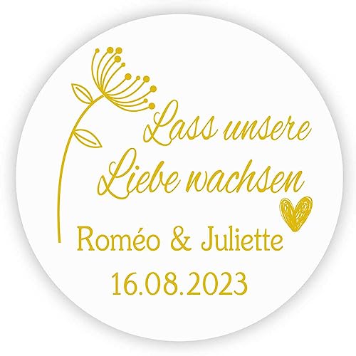 MameArt 50stk 4cm Aufkleber Hochzeit Personalisiert Lass unsere Liebe wachsen, Stickers Hochzeit Taufe Feste Geschenke Präsente (Gold) von MameArt