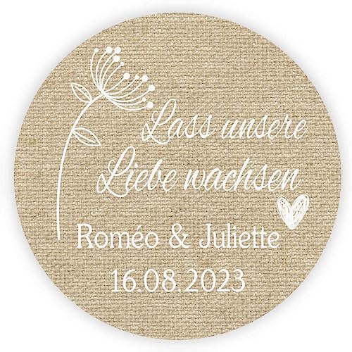MameArt 50stk 4cm Aufkleber Hochzeit Personalisiert Lass unsere Liebe wachsen, Stickers Hochzeit Taufe Feste Geschenke Präsente (Leinen) von MameArt