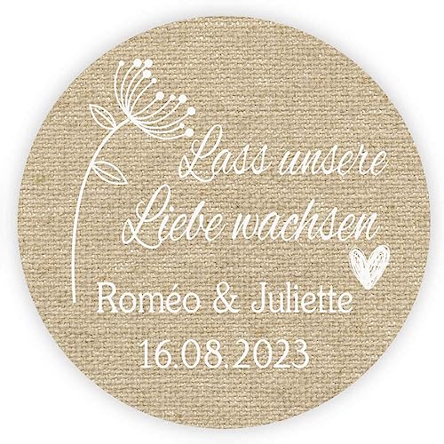 MameArt 50stk Aufkleber Hochzeit Personalisiert Lass unsere Liebe wachsen, 4cm Stickers Hochzeit Taufe Feste Geschenke Präsente (Leinen) von MameArt