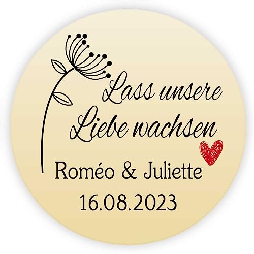 MameArt 50stk Aufkleber Hochzeit Personalisiert Lass unsere Liebe wachsen, 4cm Stickers Hochzeit Taufe Feste Geschenke Präsente (Gold 2) von MameArt