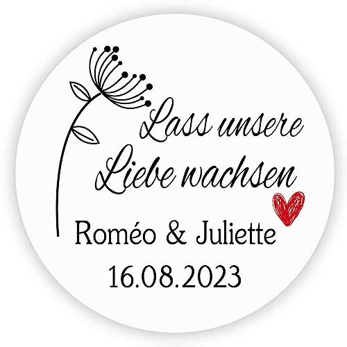 MameArt 50stk 4cm Aufkleber Hochzeit Personalisiert Lass unsere Liebe wachsen, Stickers Hochzeit Taufe Feste Geschenke Präsente (Weiß) von MameArt