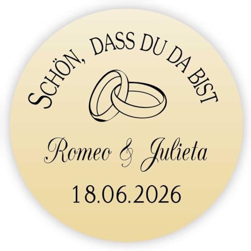 MameArt 50stk Aufkleber Hochzeit Personalisiert SCHÖN, DASS DU DA BIST, 4cm Ring Etikett für Hochzeit Gastgeschenk Taufe Kommunion Feste Geschenke Präsente (Gold 2), 3DE0204A von MameArt