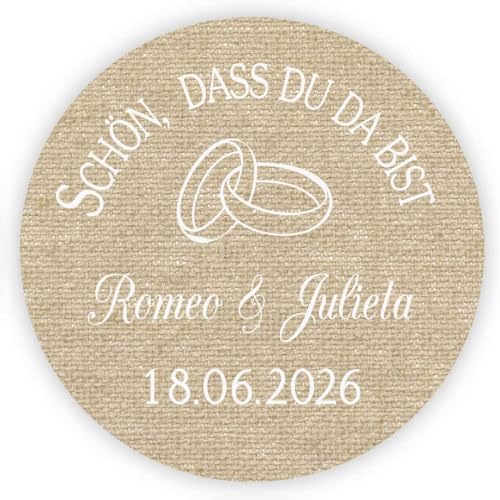 MameArt 50stk Aufkleber Hochzeit Personalisiert SCHÖN DASS DU DA BIST, 4cm Ring Etikett für Hochzeit Gastgeschenk Feste Geschenke Präsente (Leinen) von MameArt