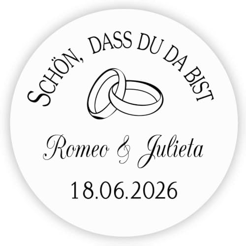 MameArt 50stk Aufkleber Hochzeit Personalisiert SCHÖN DASS DU DA BIST, 4cm Ring Etikett für Hochzeit Gastgeschenk Feste Geschenke Präsente (Weiß) von MameArt