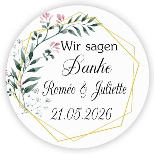 MameArt 50stk Aufkleber Hochzeit Personalisiert, Wir sagen Danke, 4cm Kranz Sticker für Hochzeit Taufe Feste Geschenke Präsente (DE05) von MameArt