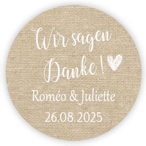 MameArt 50stk Aufkleber Personalisiert Hochzeit Wir Sagen Danke, 4cm Sticker Gelee Stauaufkleber Taufe Kommunion Geburtstag Feste Geschenke Präsente (Leinen) von MameArt