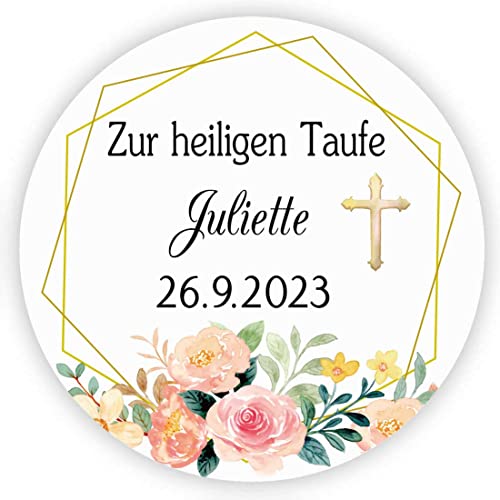 MameArt 50stk Aufkleber Personalisiert Zur heiligen Taufe, 4cm Stickers Gastgeschenk Taufe Kommunion Feste Geschenke Präsente (Blumen 2) von MameArt