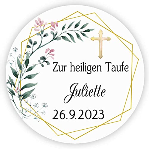 MameArt 50stk Aufkleber Personalisiert Zur heiligen Taufe, 4cm Stickers Gastgeschenk Taufe Kommunion Feste Geschenke Präsente (Blumen 3), (3DE0601A) von MameArt