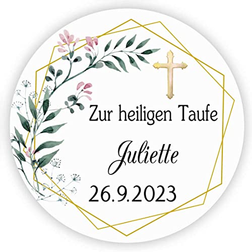 MameArt 50stk Aufkleber Personalisiert Zur heiligen Taufe, 4cm Stickers Gastgeschenk Taufe Kommunion Feste Geschenke Präsente (Blumen 3), (3DE0601A) von MameArt