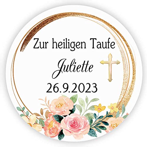 MameArt 50stk Aufkleber Personalisiert Zur heiligen Taufe, 4cm Stickers Gastgeschenk Taufe Kommunion Feste Geschenke Präsente (Blumen 5) von MameArt