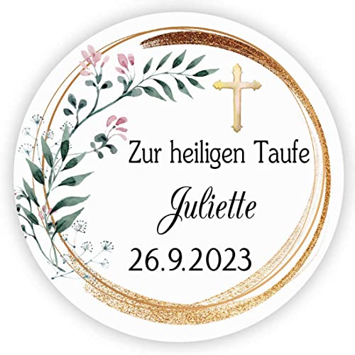 MameArt 50stk Aufkleber Personalisiert Zur heiligen Taufe, 4cm Stickers Gastgeschenk Taufe Kommunion Feste Geschenke Präsente (Blumen 6) von MameArt