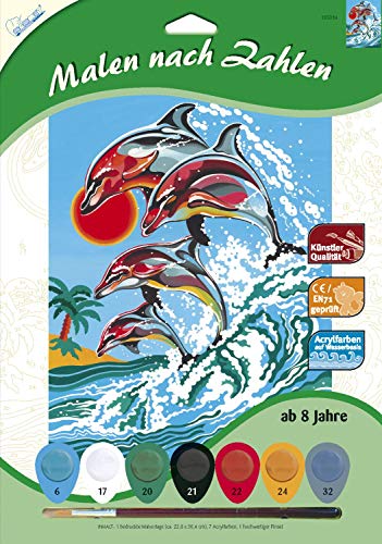 MAMMUT 105034 - Malen nach Zahlen Tiermotiv, Delfine, Komplettset mit bedruckter Malvorlage im A4 Format, 7 Acrylfarben und Pinsel, Malset für Kinder ab 8 Jahre von Mammut Spiel & Geschenk