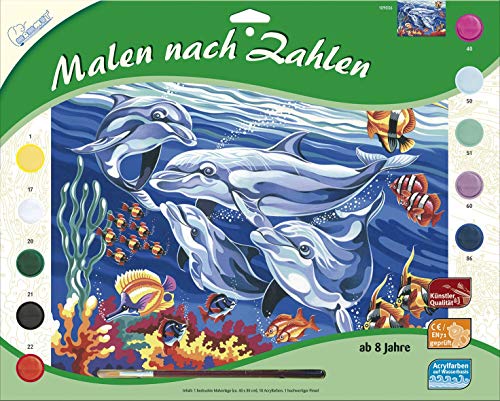 MAMMUT 109036 - Malen nach Zahlen Tiermotiv, Delfine, Komplettset mit bedruckter Malvorlage im A3 Format, 10 Acrylfarben und Pinsel, großes Malset für Kinder ab 8 Jahre MAMMUT 109036 - Malen nach Zahlen Tiermotiv, Delfine, Komplettset mit bedruckter Malvorlage im A3 Format, 10 Acrylfarben und Pinsel, großes Malset für Kinder ab 8 Jahre von Mammut Spiel & Geschenk