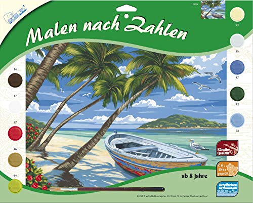 MAMMUT 109104 - Malen nach Zahlen Landschaftsmotiv, Palmenstrand, Komplettset mit bedruckter Malvorlage im A3 Format, 10 Acrylfarben und Pinsel, großes Malset für Kinder ab 8 Jahre von Mammut Spiel & Geschenk